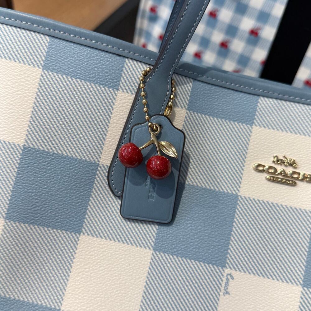 Coach City Tote Bag With Gingham Print And Charm CES64 canvas/Gold/Blue Multi - Picture 2 of 6